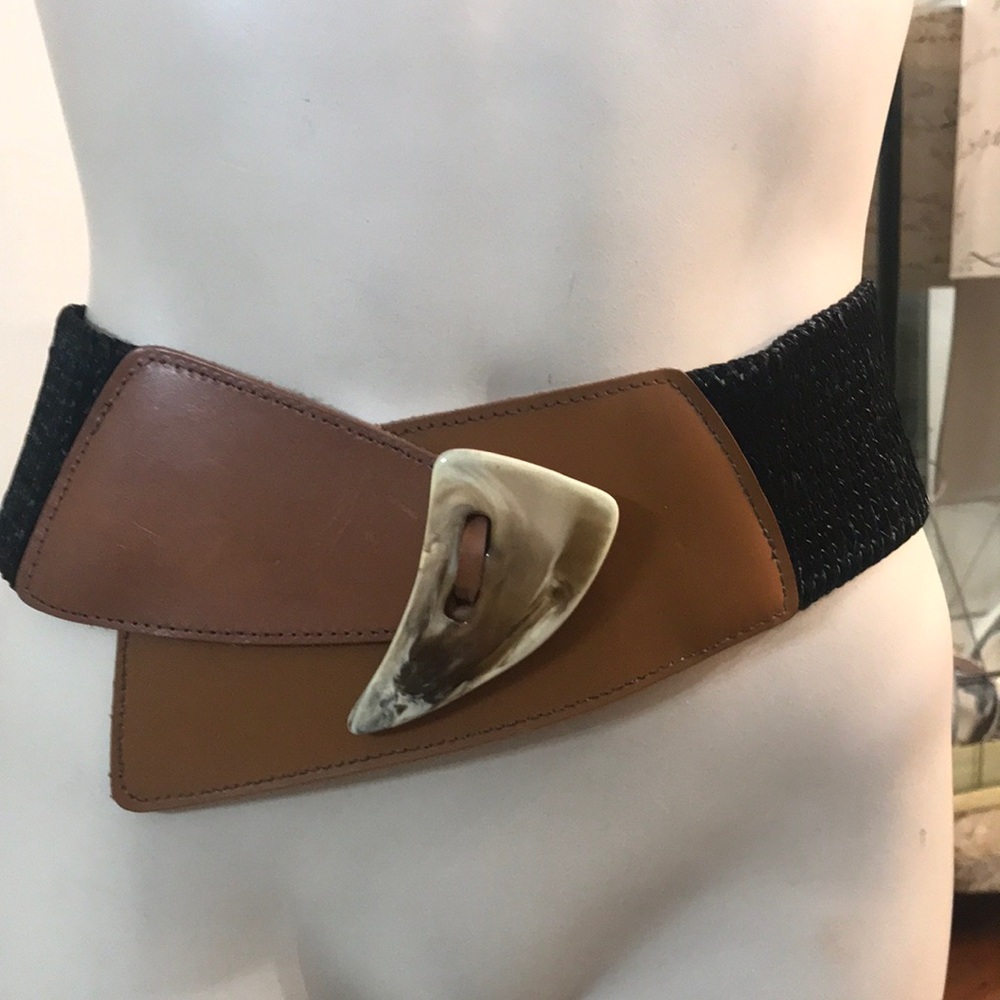 Vintage Brown Leather and Black straw stretchy Belt